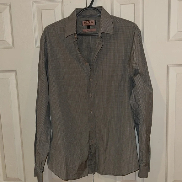 Thomas PINK Shirt Dress Button Down Super Slim checkered Long Sleeve shirt - Picture 8 of 12